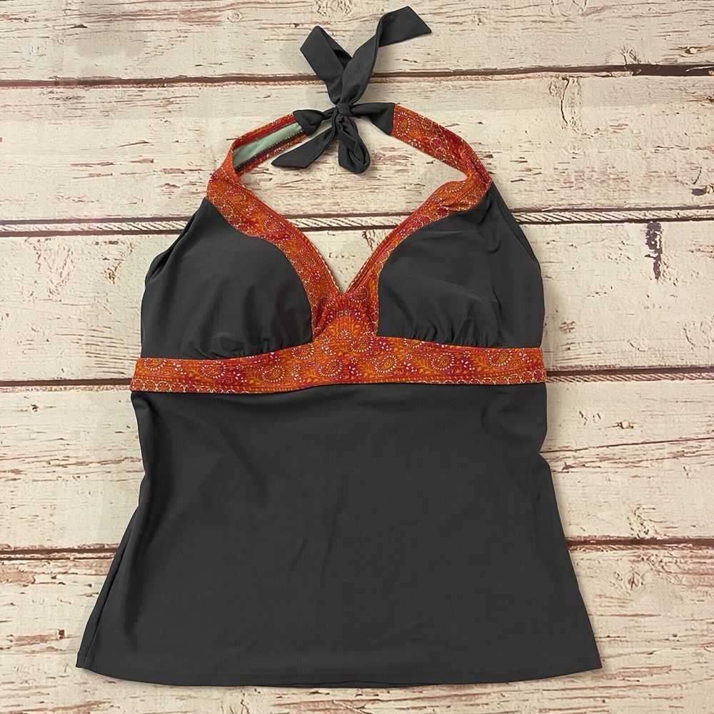 Athleta Women 34 D/DD Ventana‎ Tankini Swim Top Halter Grey Orange